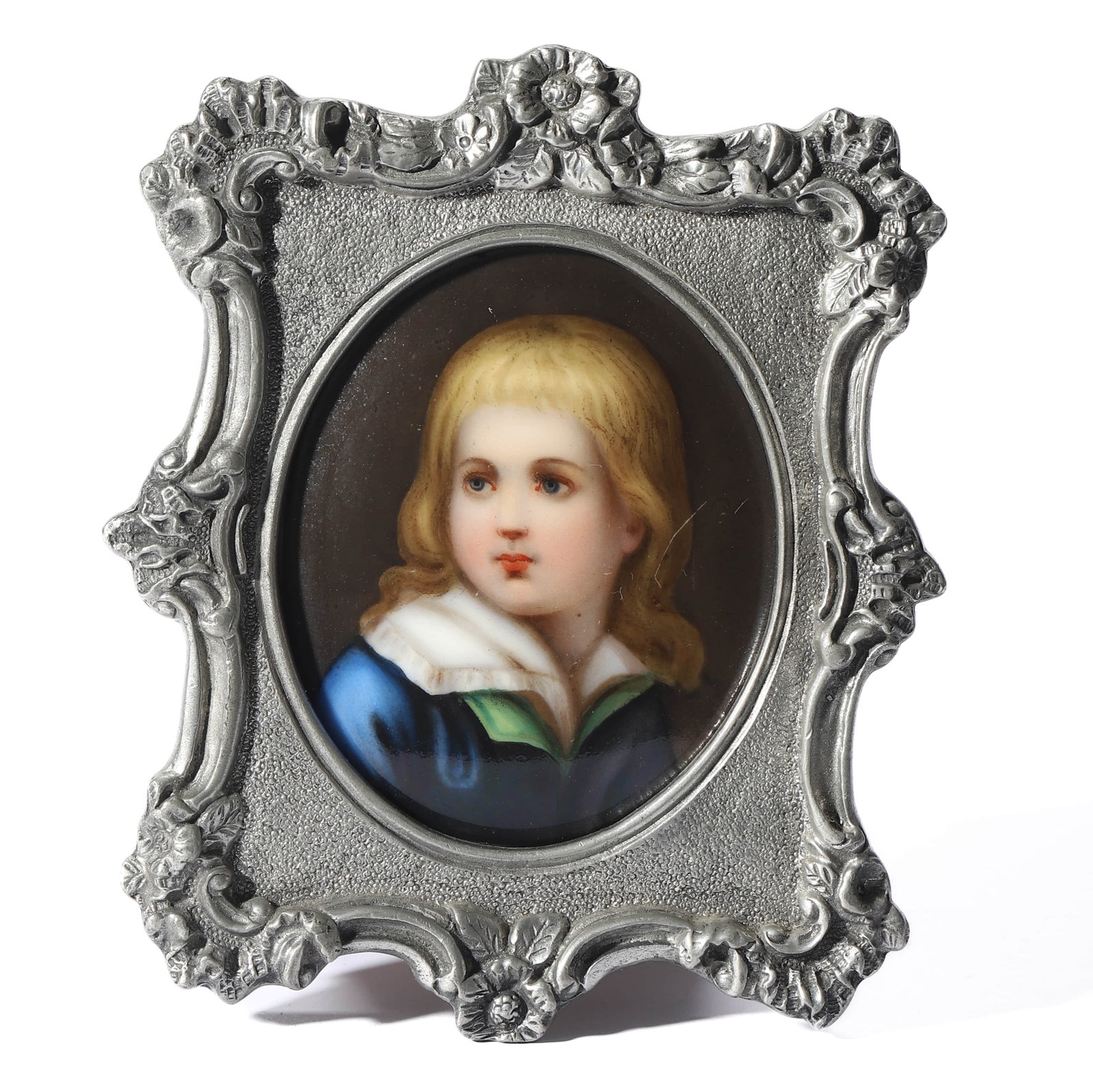 ROYAL-SELANGOR,-MALAYSIA-A-HAND-PAINTED-PORCELAIN-PORTRAIT-MINIATURE-IN-A-PEWTER-FRAME.: ROYAL SELANGOR, MALAYSIA-A HAND-PAINTED PORCELAIN PORTRAIT MINIATURE IN A PEWTER FRAME. Frame size: approx. 4 × 3 in. (10 × 7.5 cm). Description: A finely painted porcelain miniature depicting a