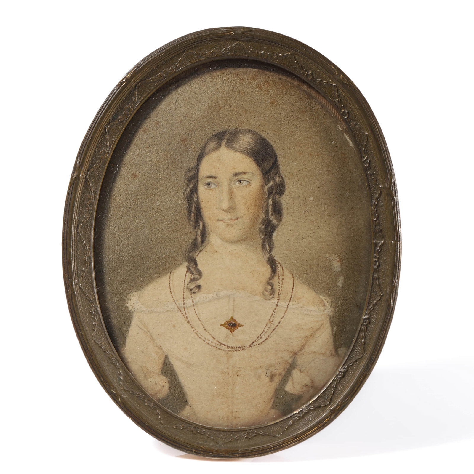 GERMAN-SCHOOL,-EARLY-19TH-CENTURY-PORTRAIT-OF-A-LADY.: GERMAN SCHOOL, EARLY 19TH CENTURY-PORTRAIT OF A LADY. Medium: Watercolor and gouache on paper, mounted in a gilt-bronze frame with handwritten inscription to the reverse. Dimensions: 3 3/4 × 3 in.