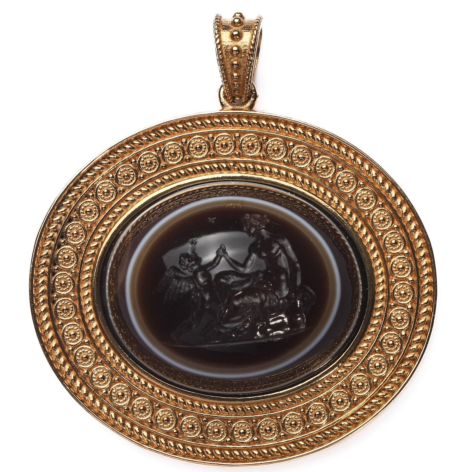 ROMAN-STYLE-BANDED-AGATE-INTAGLIO-PENDANT-DEPICTING-VENUS-AND-CUPID: Dimensions 1 1/2 × 1 3/8 in. (3.8 × 3.4 cm) weight 18.4g Description The pendant set with a finely carved banded agate intaglio depicting Venus and Cupid, the finely executed classical figures