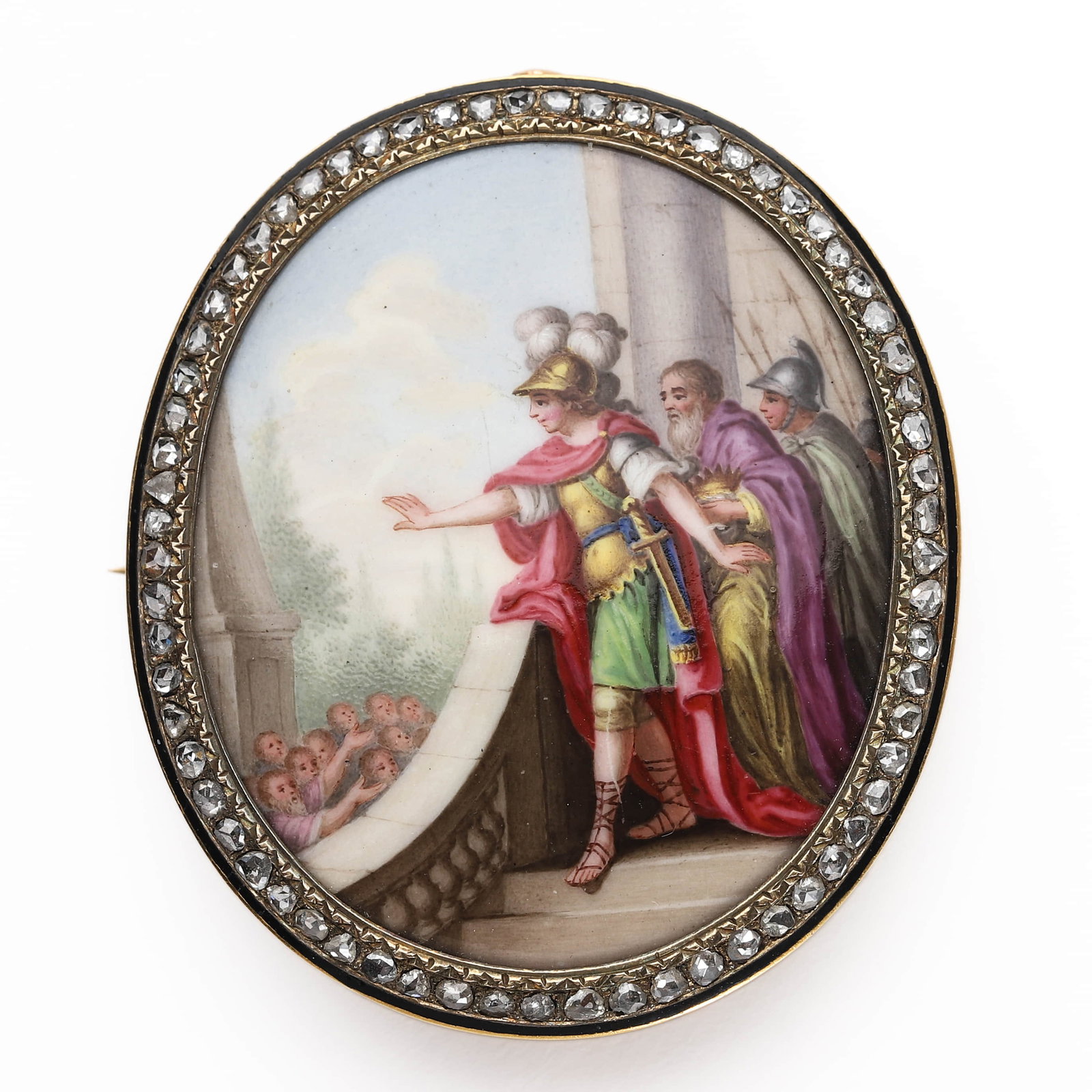 ENAMELED-GOLD-BROOCH-WITH-DIAMOND-FRAME: Dimensions: Height: 1 3/4 in. (4.5 cm); Weight: 19.1 g Description: An exquisite 19th-century enameled gold brooch featuring a hand-painted classical scene of a Roman general addressing a crowd,