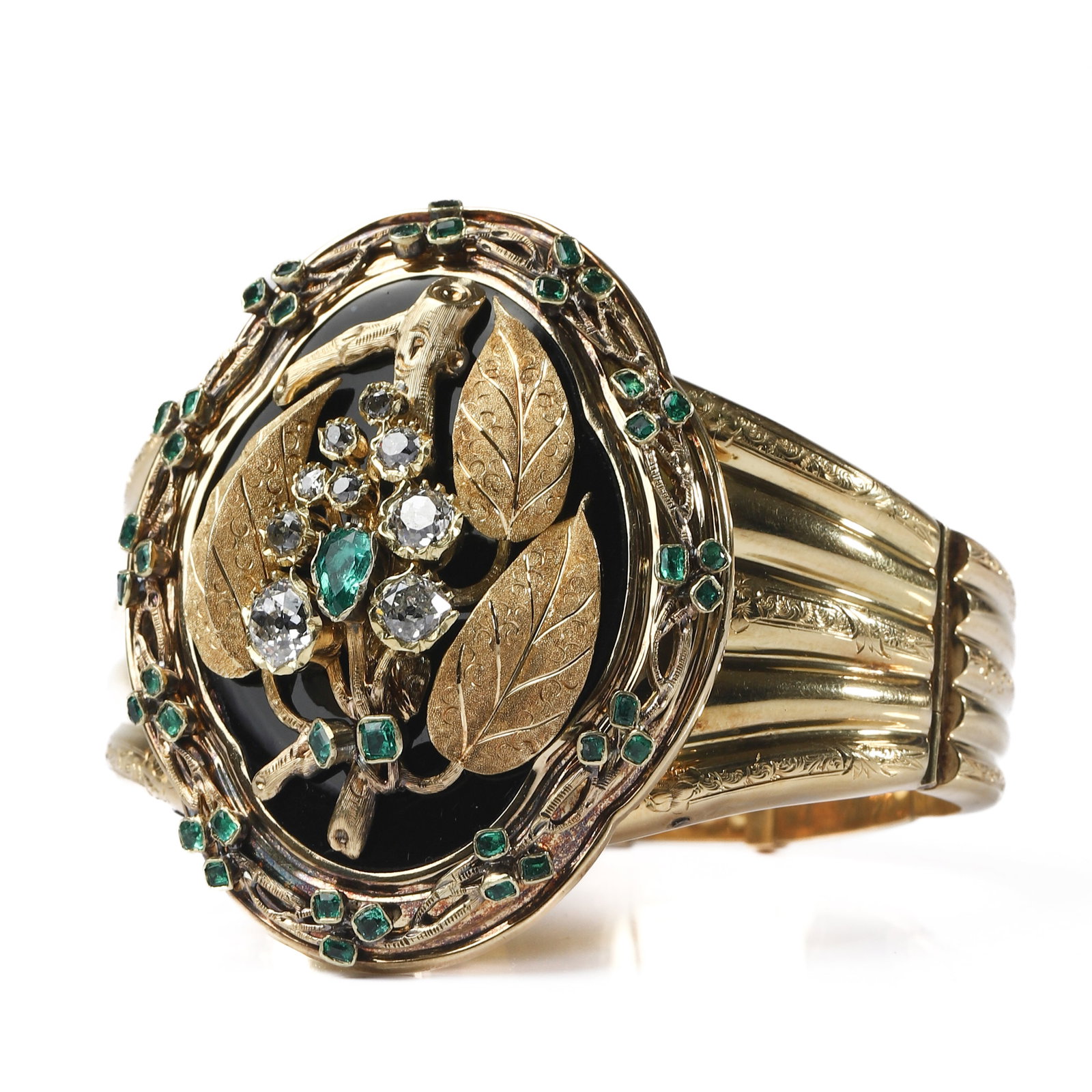 GOLD-AND-GEM-SET-BRACELET-WITH-DETACHABLE-BROOCH: Dimensions Inner diameter: approx. 2 3/8 in. (60 mm); Weight: 60 g. Description An impressive antique gold bracelet designed with a detachable brooch centerpiece, showcasing refined European