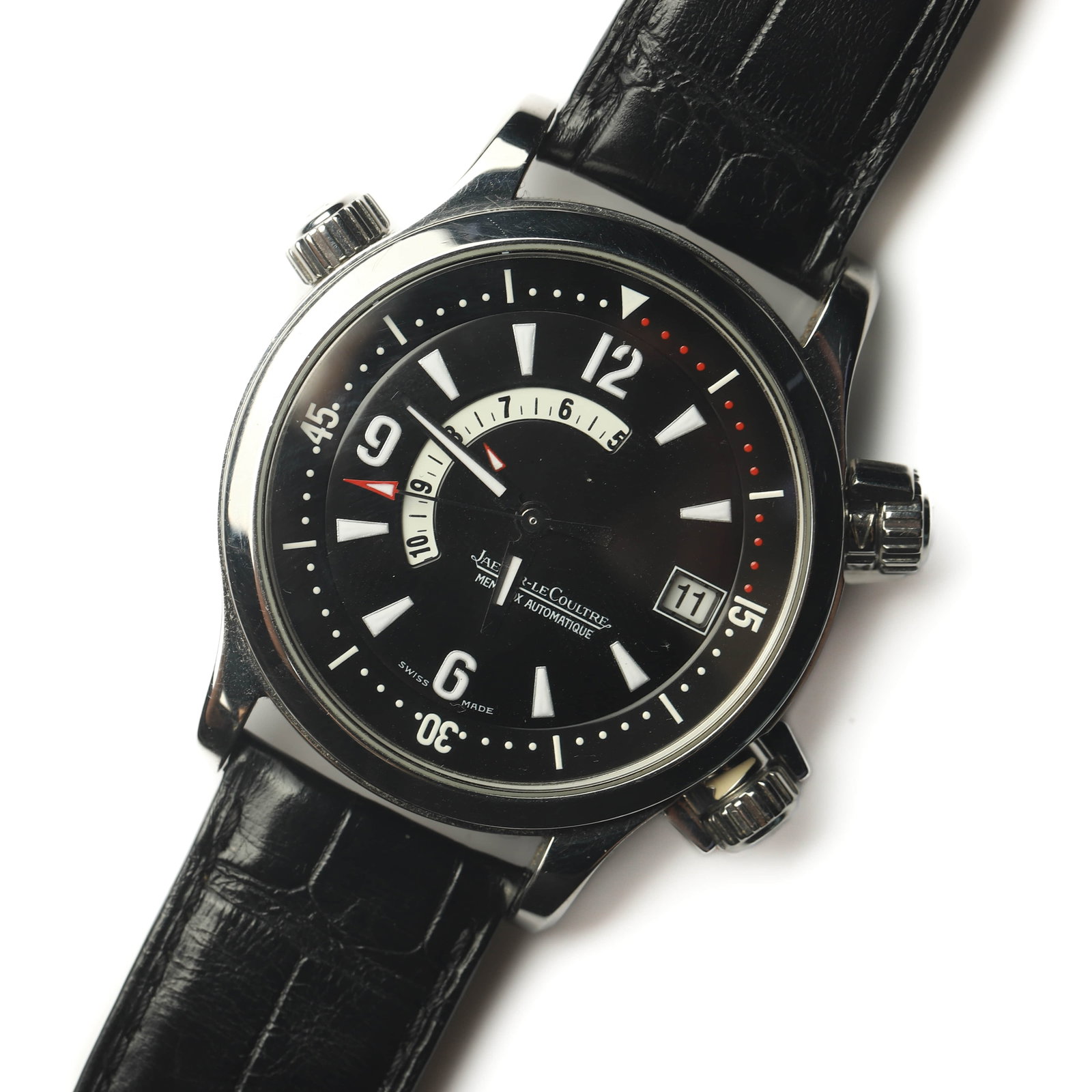 JAEGER-LECOULTRE-MASTER-MEMOVOX-STAINLESS-STEEL-AUTOMATIC-ALARM-WRISTWATCH: Dimensions Overall Length 10 11/16 in. (27.2 cm) Case Diameter 1 13/16 in. (4.69 cm) Weight 101.5 g Description A Jaeger-LeCoultre Master Memovox automatic alarm wristwatch in stainless steel, featuri
