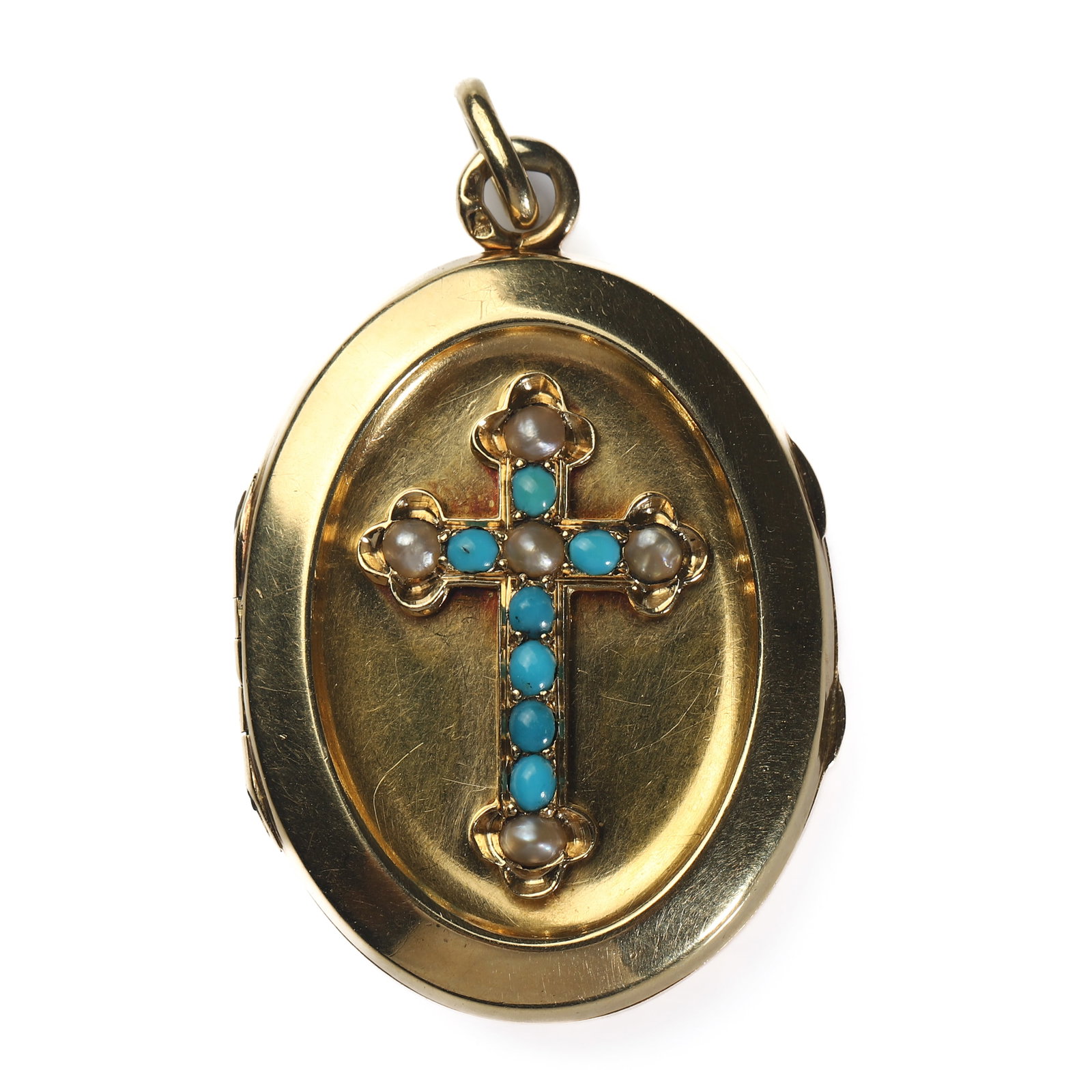 FRENCH-NAPOLEON-III-18K-GOLD,-TURQUOISE-AND-NATURAL-PEARL-LOCKET,-CIRCA-1852–1870: Dimensions Height 1 5/8 in. (42 mm) Width 1 in. (25 mm) Weight 8.45 g Description A finely handcrafted French Napoleon III period 18K gold oval locket, dating to circa 1852–1870. The cover is decora