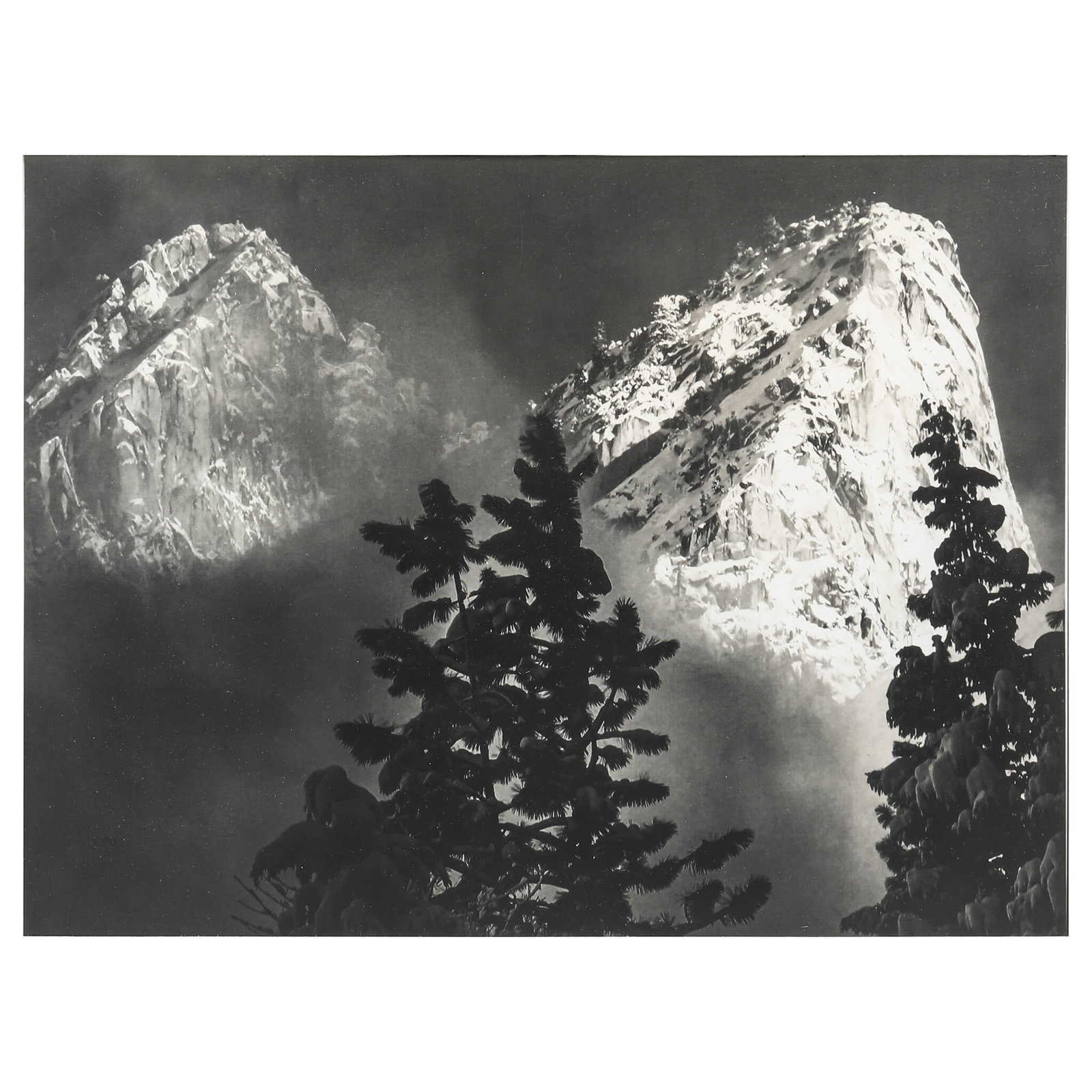 ANSEL-ADAMS-(1902–1984),-EAGLE-PEAK-AND-MIDDLE-BROTHER,-WINTER,-YOSEMITE-NATIONAL-PARK,-CALIFORNIA: Artist Ansel Adams Title EAGLE PEAK AND MIDDLE BROTHER, WINTER, YOSEMITE NATIONAL PARK, CALIFORNIA Medium Silver gelatin print, mounted on board Signature Signed in pencil, lower right recto Dimension
