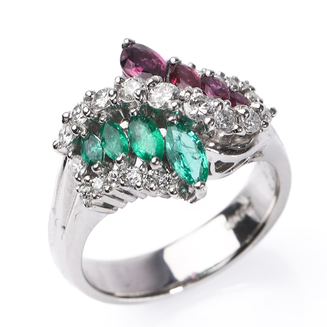 PT900-RUBY,-EMERALD,-AND-DIAMOND-CLUSTER-RING: Dimensions: Inner diameter: 0.67 in (16.9 mm); Weight: 11.3 g Description & Analysis: Crafted in Pt900 platinum, this striking ring features an elegant cluster composition of oval and marquise-cut