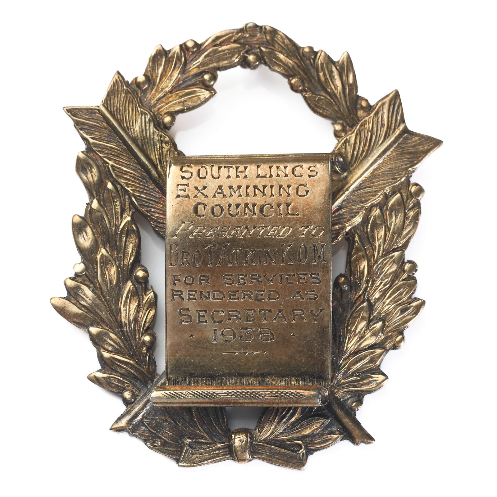 1938-BRITISH-MASONIC-SILVER-GILT-SERVICE-MEDAL,-LINCOLNSHIRE-(SOUTH): Dimensions Height 1 15/16 in. (49 mm) Width 1 5/8 in. (42 mm) Weight 20.75g Description A British Masonic silver-gilt honorary service medal, dated 1938, issued by the South Lincolnshire Provincial