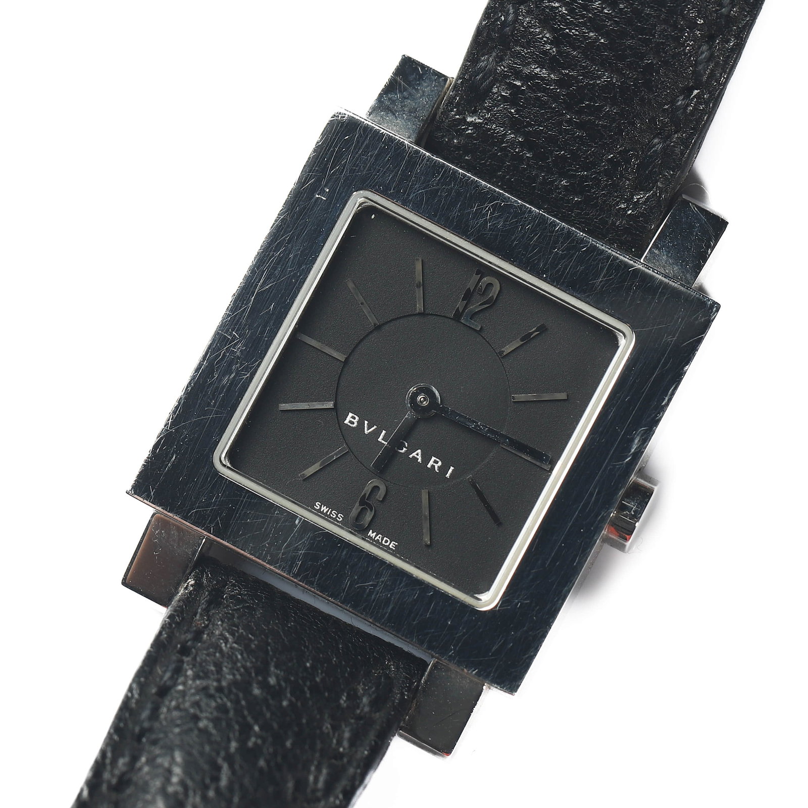 BVLGARI-LADIES-STAINLESS-STEEL-WRISTWATCH: Dimensions Dial 15/16 × 7/8 in. (23.5 × 21.9 mm) Length 7 5/8 in. (19.5 cm) Weight 21.4 g Description A Bvlgari ladies quartz wristwatch, Swiss made. The square stainless steel case centering a