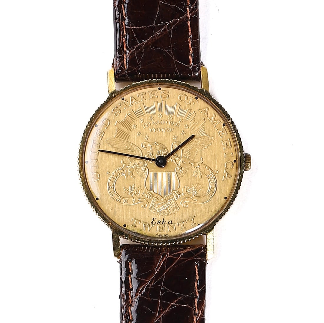 ESKA-20-DOLLAR-GOLD-COIN-WATCH: Length: 9 1/4 in (23.5 cm); Dial diameter: 1 3/8 in (3.5 cm). A vintage Eska wristwatch featuring a unique design crafted from a genuine $20 US gold coin. The watch is encased in 18K gold, with the ob