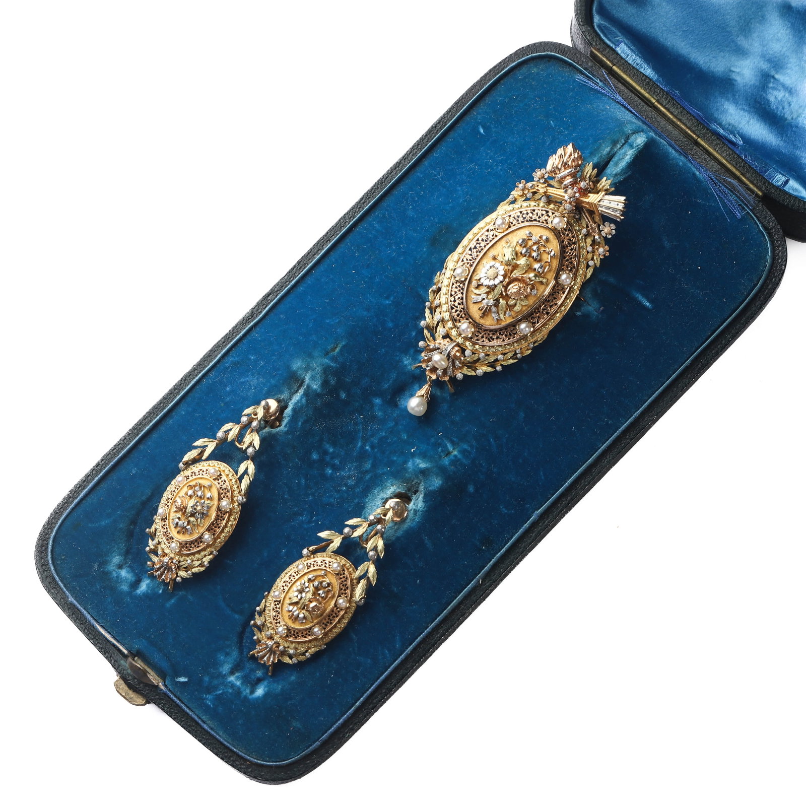 FRENCH-NAPOLEON-III-FOUR-COLOR-GOLD,-PEARL-AND-FLORAL-JEWELRY-SUITE: Dimensions Brooch Length 2 11/16in. (69 mm) Width 1 1/8 in. (28.2 mm) Earrings Length 1 13/16 in. (46.4 mm) Width 3/4 in. (18.6 mm) Total Weight 43g Description A finely handcrafted French Napoleon