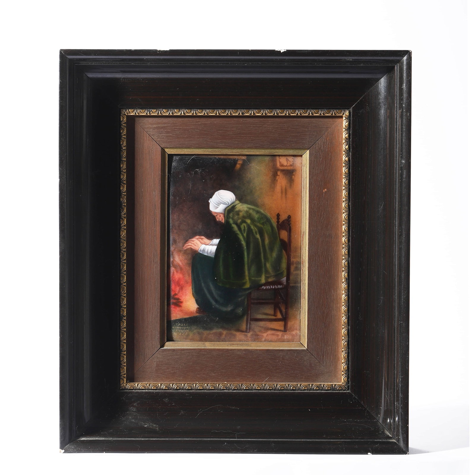 FAURÉ-(LIMOGES),-"VIEILLESSE"-(AFTER-J.-ISRAËLS).: FAURÉ (LIMOGES), "VIEILLESSE" (AFTER J. ISRAËLS). Medium: Enamel on copper panel, signed "Fauré Limoges France N°143" with original wax seal and certification label verso reading "Véritable