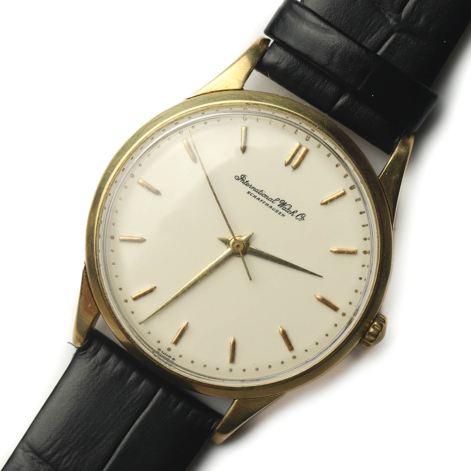 INTERNATIONAL-WATCH-CO.-18K-GOLD-MANUAL-WIND-WRISTWATCH: Dimensions Dial Diameter: 1 7/16 in. (36.8 mm) Overall Length: 9 1/2 in. (24.2 cm) Weight: 41.7 g Description A classic International Watch Co. Schaffhausen (IWC) manual wind wristwatch, crafted in 18
