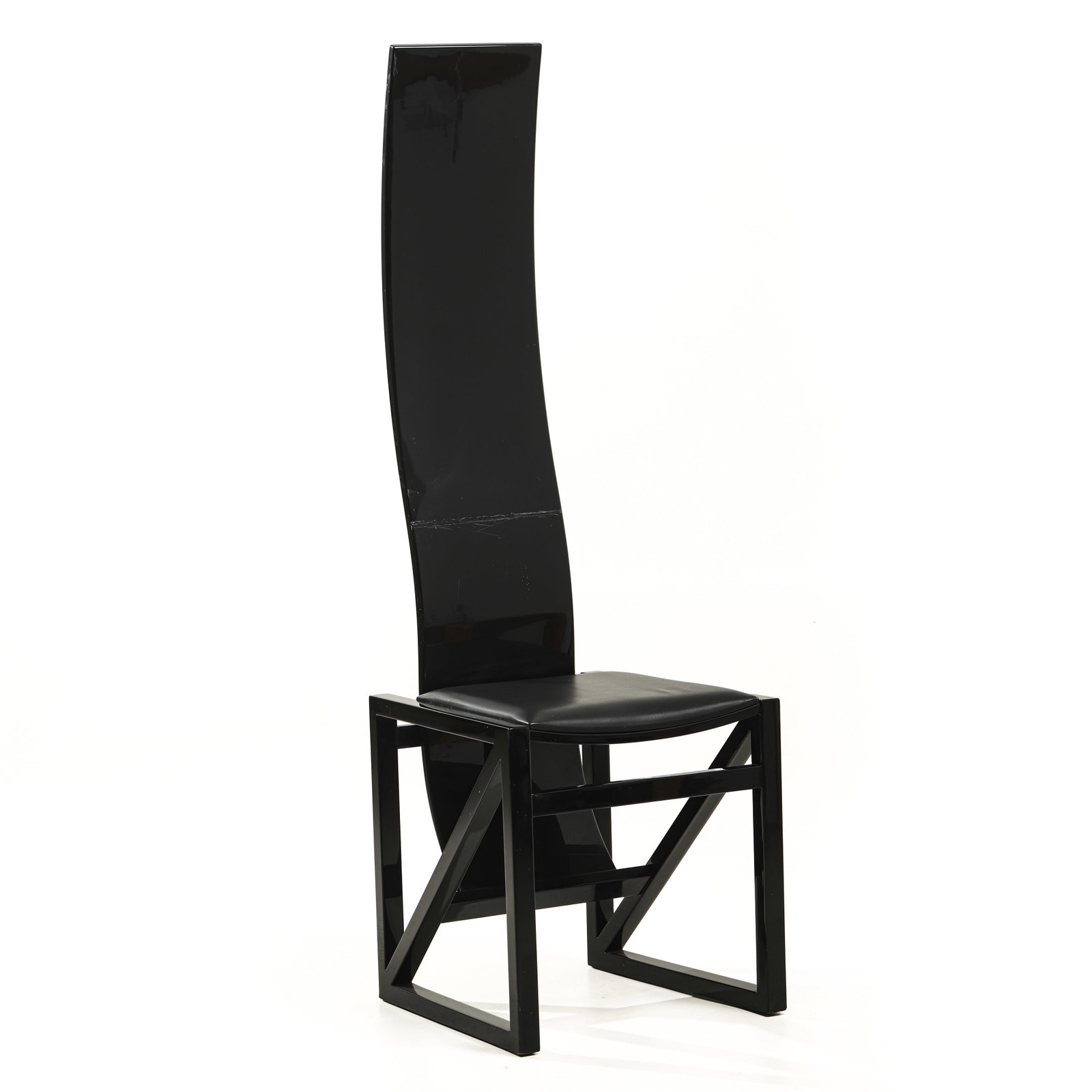 CONTEMPORARY-HIGH-BACK-SCULPTURAL-CHAIR,-BLACK-LACQUERED-FINISH: Dimensions Height: 55 1/8 in (140 cm); Width: 17 3/4 in (45 cm); Depth: 17 3/4 in (45 cm) Description A striking contemporary high-back chair featuring a dramatic sculptural silhouette. The tall,