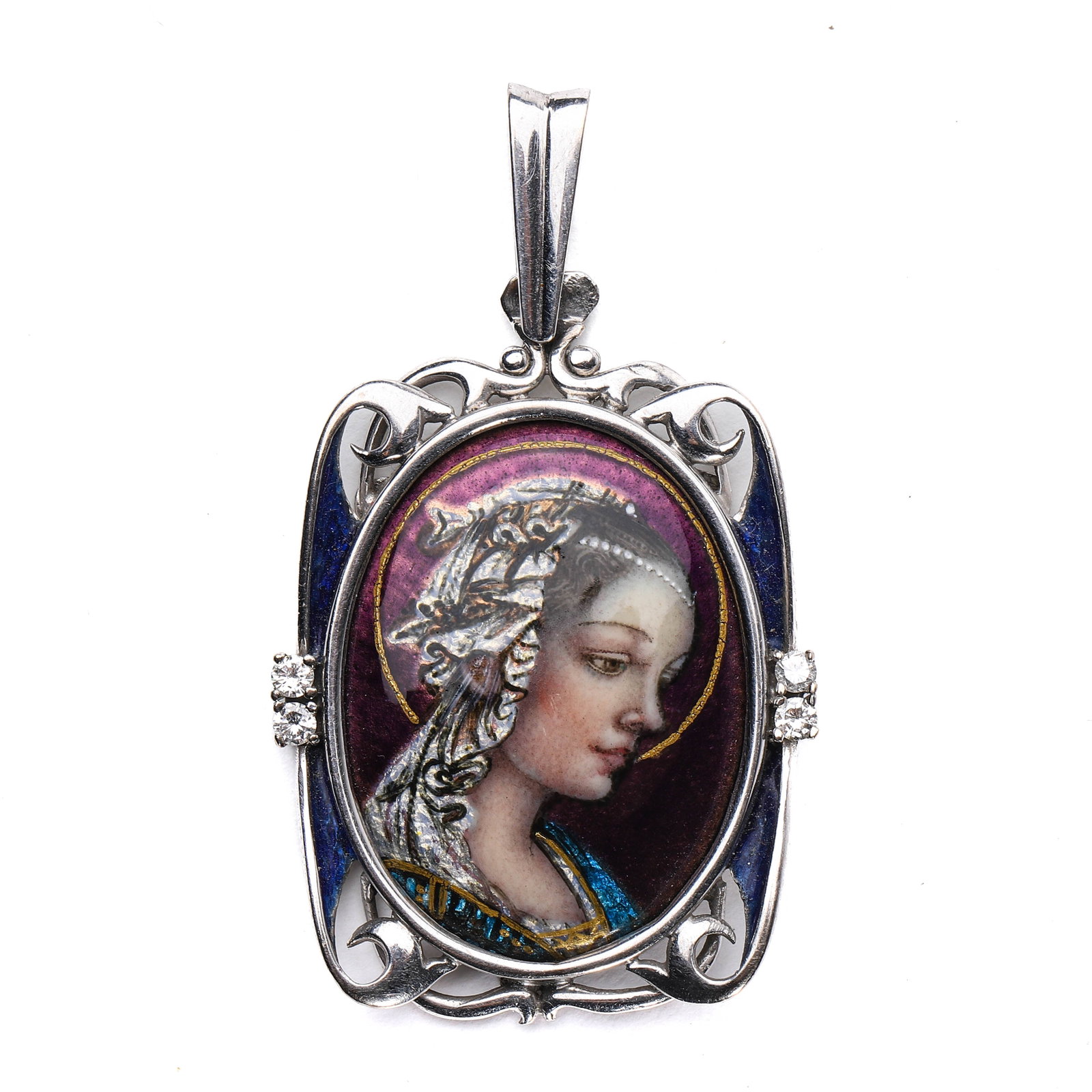ART-DECO-PERIOD-(1925-1935)-FRENCH-CUSTOM-MADE-MICRO-PAINTED-ENAMEL-PENDANT: A magnificent Art Deco French noble custom-made pendant crafted in 18K white gold. The piece features a masterfully executed high-temperature mineral micro-painted enamel portrait, showcasing exquisit
