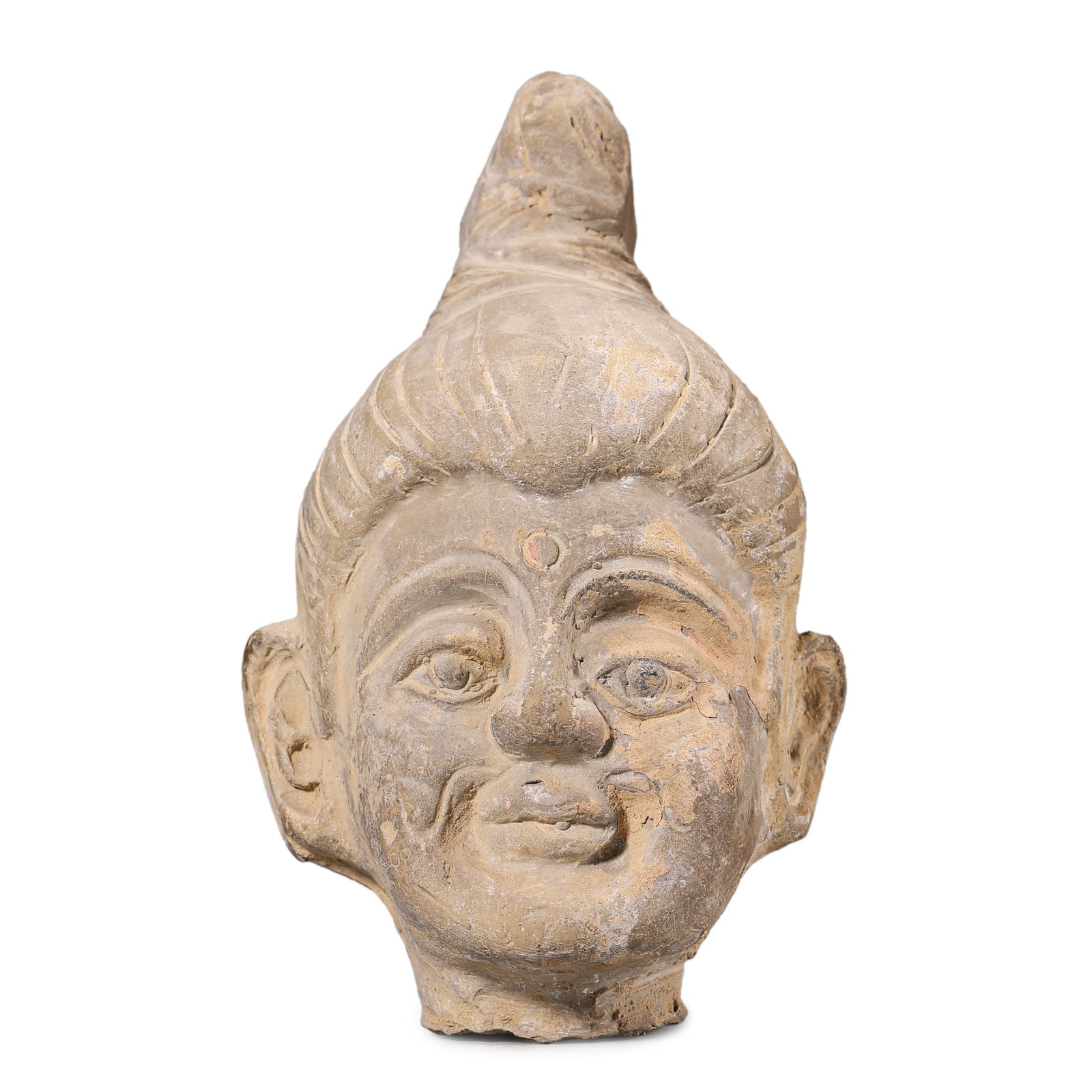 A-RARE-ANTIQUE-TERRACOTTA-HEAD-SCULPTURE: This finely crafted terracotta head sculpture stands at 5 1/8 in. (13 cm) in height. The piece showcases expressive facial features, with wide eyes, a subtle smile, and a distinctive topknot