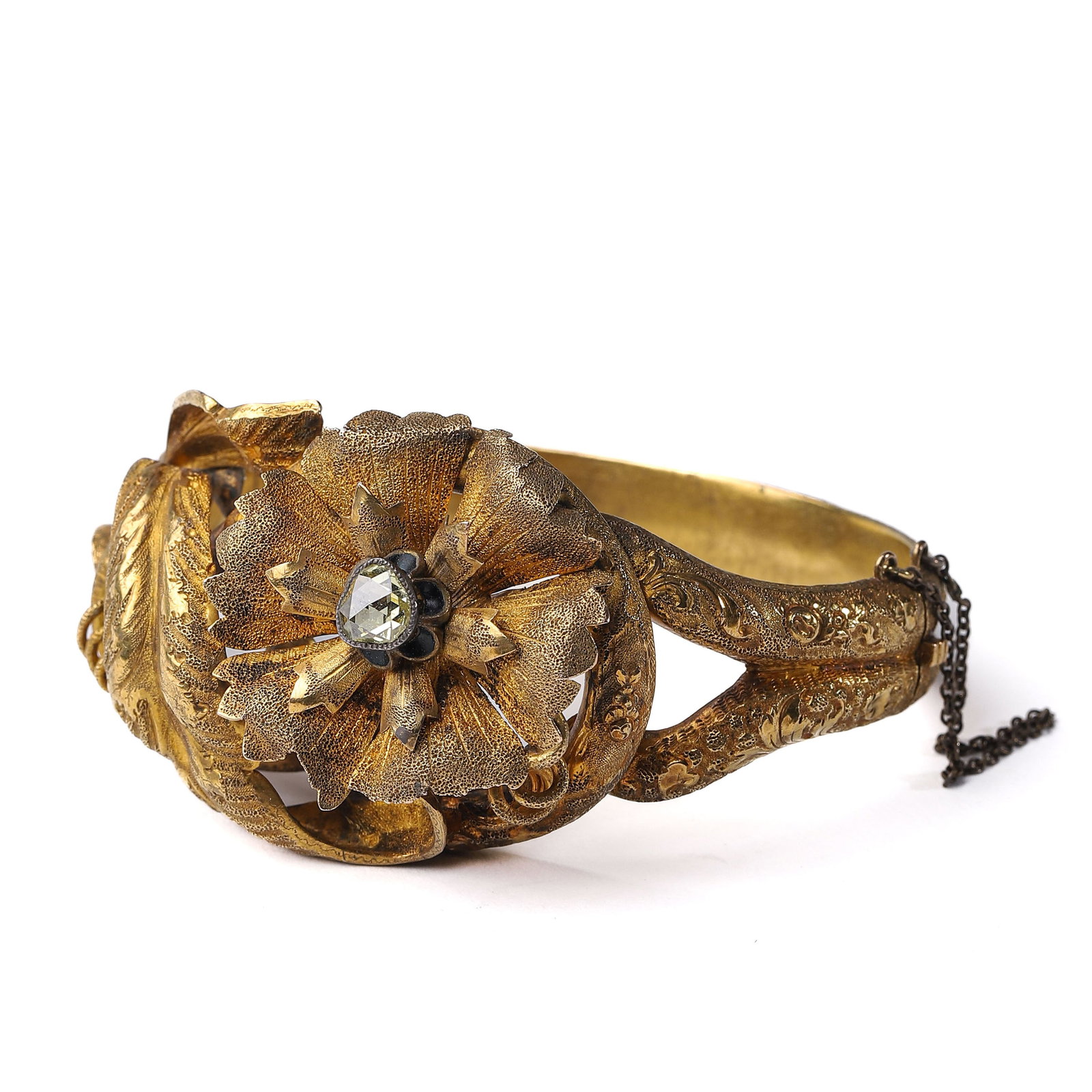 GEORGIAN-PERIOD-20K-GOLD-AND-OLD-CUT-YELLOW-DIAMOND-BANGLE: An exquisite noble custom-made bangle from the Georgian period (1714–1837), handcrafted in 20K gold and featuring a rare old-cut yellow diamond of over 1 carat. During the Georgian era, diamonds