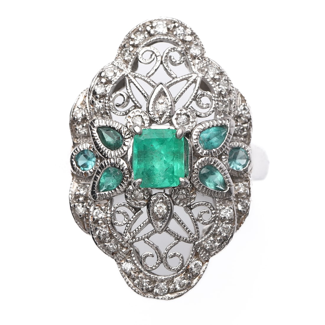 EMERALD-AND-DIAMOND-FILIGREE-RING: Dimensions Inner diameter: 0.65 in. (16.6 mm); Weight: 10 g Description An elegant emerald and diamond ring featuring a rectangular emerald-cut emerald at the center, surrounded by additional emerald