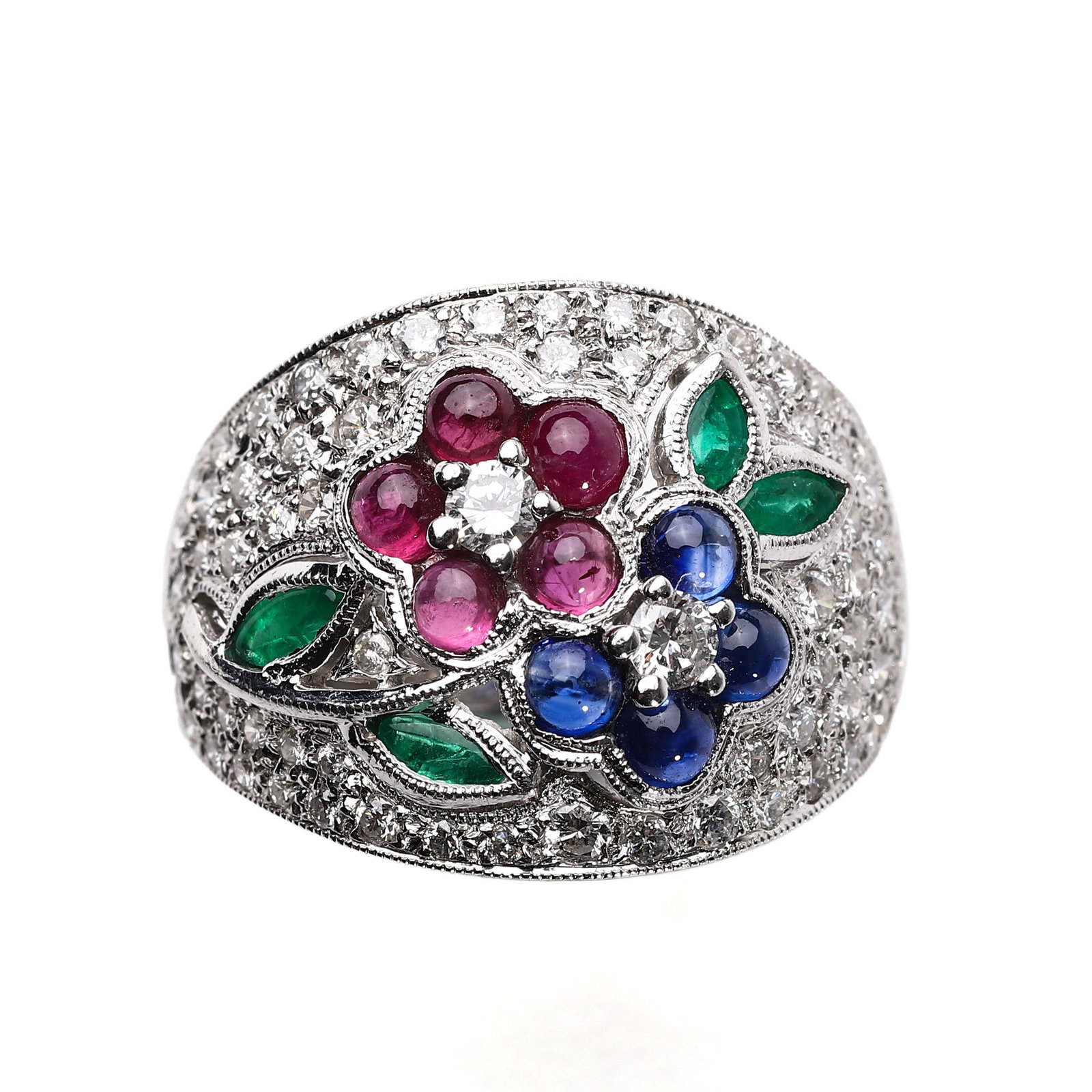 A-VINTAGE-FLOWER-MOTIF-DIAMOND-AND-GEMSTONE-RING,-SET-WITH-RUBIES,-SAPPHIRES,-AND-EMERALDS. (1 of 4)
