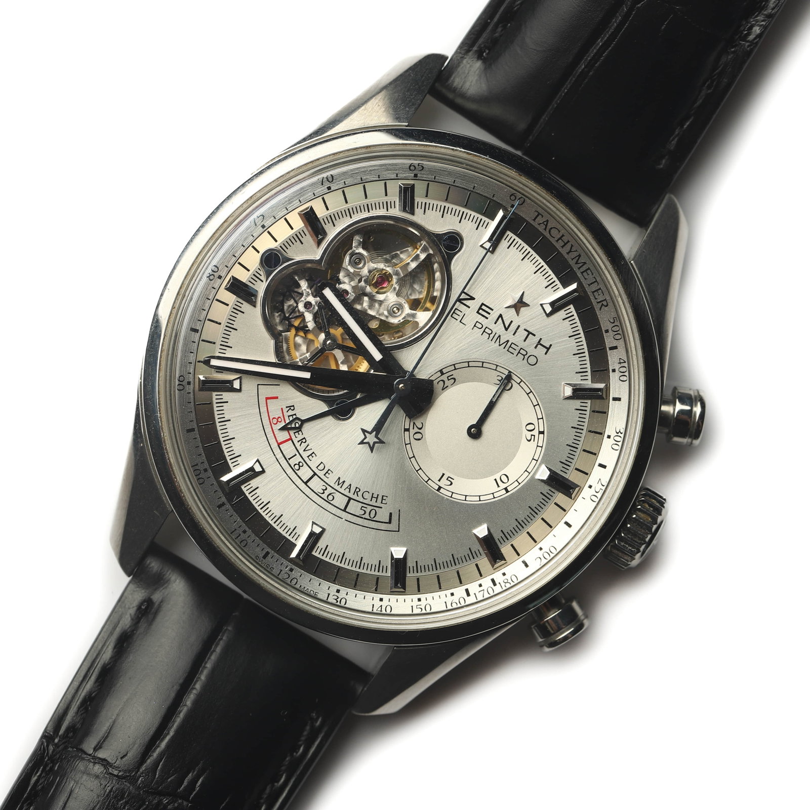 ZENITH-EL-PRIMERO-CHRONOMASTER-OPEN-AUTOMATIC-STAINLESS-STEEL-CHRONOGRAPH-WRISTWATCH: Dimensions Overall Length 10 1/16 in. (25.5 cm) Case Diameter 1 13/16 in. (4.57 cm) Weigh 104.1 g Description A Zenith El Primero Chronomaster Open automatic chronograph wristwatch, featuring a