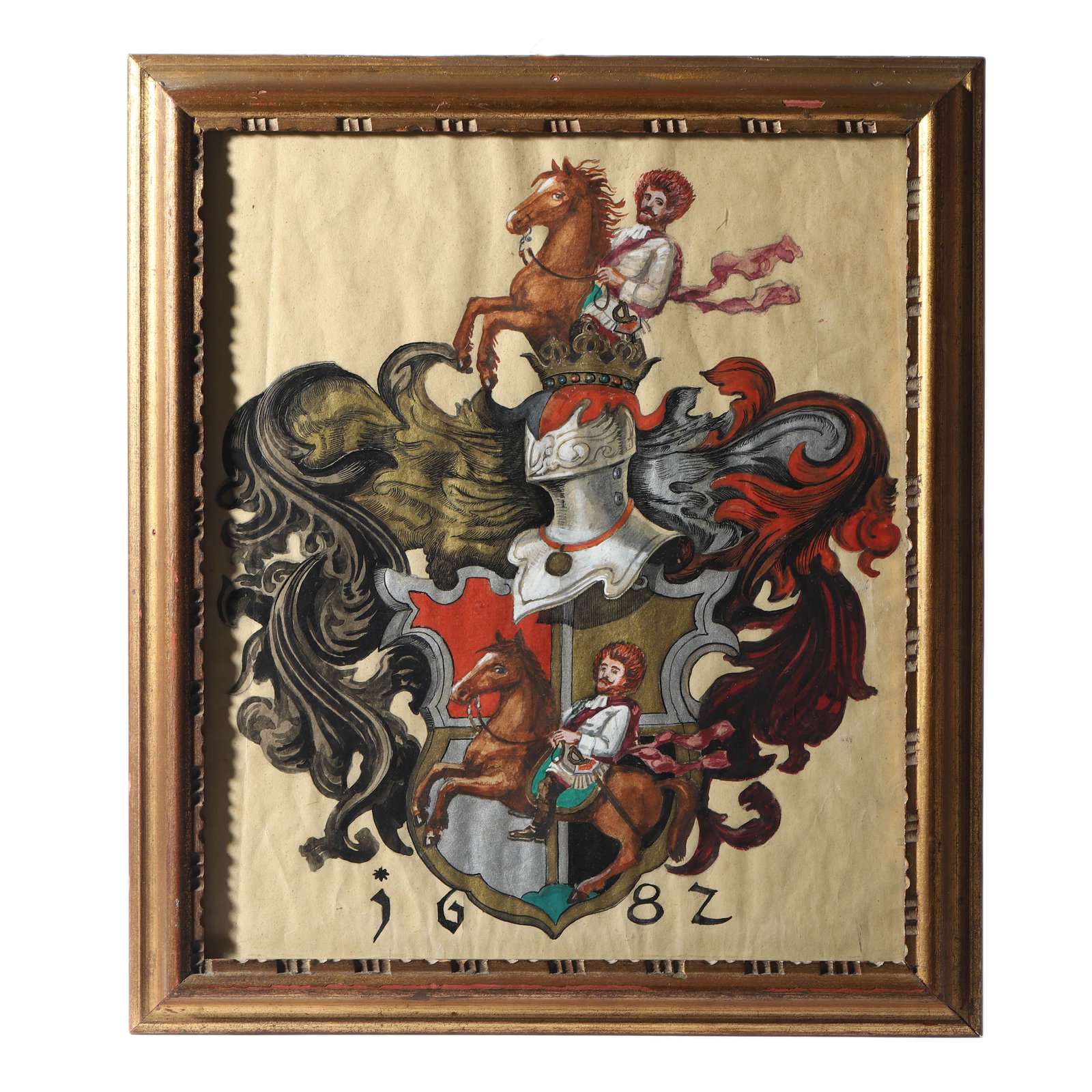 EUROPEAN-FAMILY-COAT-OF-ARMS,-DATED-1682: EUROPEAN FAMILY COAT OF ARMS, DATED 1682 Signature: The signature reads Inscribed "1682" lower center; "Hofsl." faintly inscribed on verso Medium: Hand-painted gouache and ink on parchment Image size: