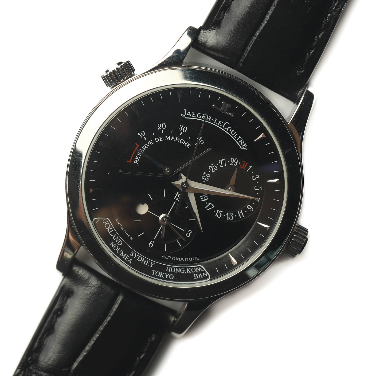 JAEGER-LECOULTRE-MASTER-COMPRESSOR-GEOGRAPHIC-AUTOMATIC-STAINLESS-STEEL-WRISTWATCH: Dimensions Overall Length: 10 1/4 in. (26 cm) Case Diameter: 1 5/8 in. (4.1 cm) Weight: 69.5 g Description A Jaeger-LeCoultre Master Compressor Geographic automatic stainless steel wristwatch featurin