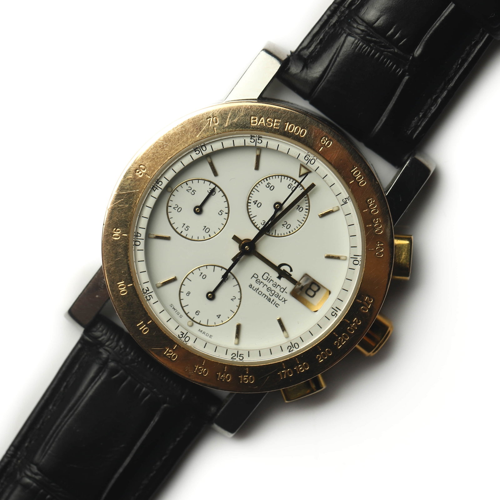 GIRARD-PERREGAUX-AUTOMATIC-CHRONOGRAPH-WRISTWATCH: Dimensions Case Diameter: 1 5/8 in. (41.1 mm) Overall Length: 9 9/16 in. (24.3 cm) Weight: 78.9 g Description A Girard-Perregaux automatic chronograph wristwatch featuring a white dial with three