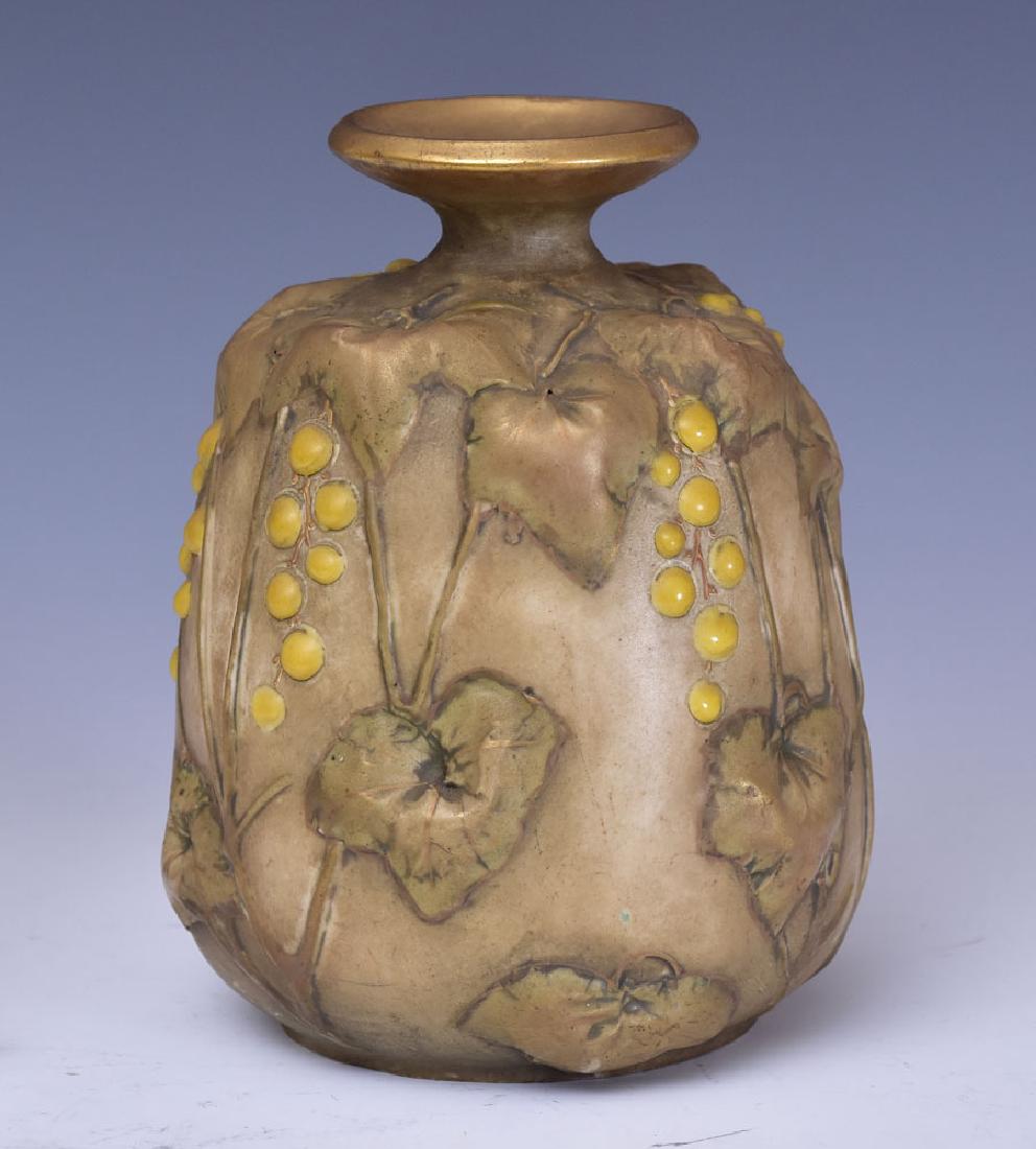 Amphora Art Pottery Vase: ivy leaves accented with enameled berries 7 1/2" high signed Amphora and incised 2150 early 20th century