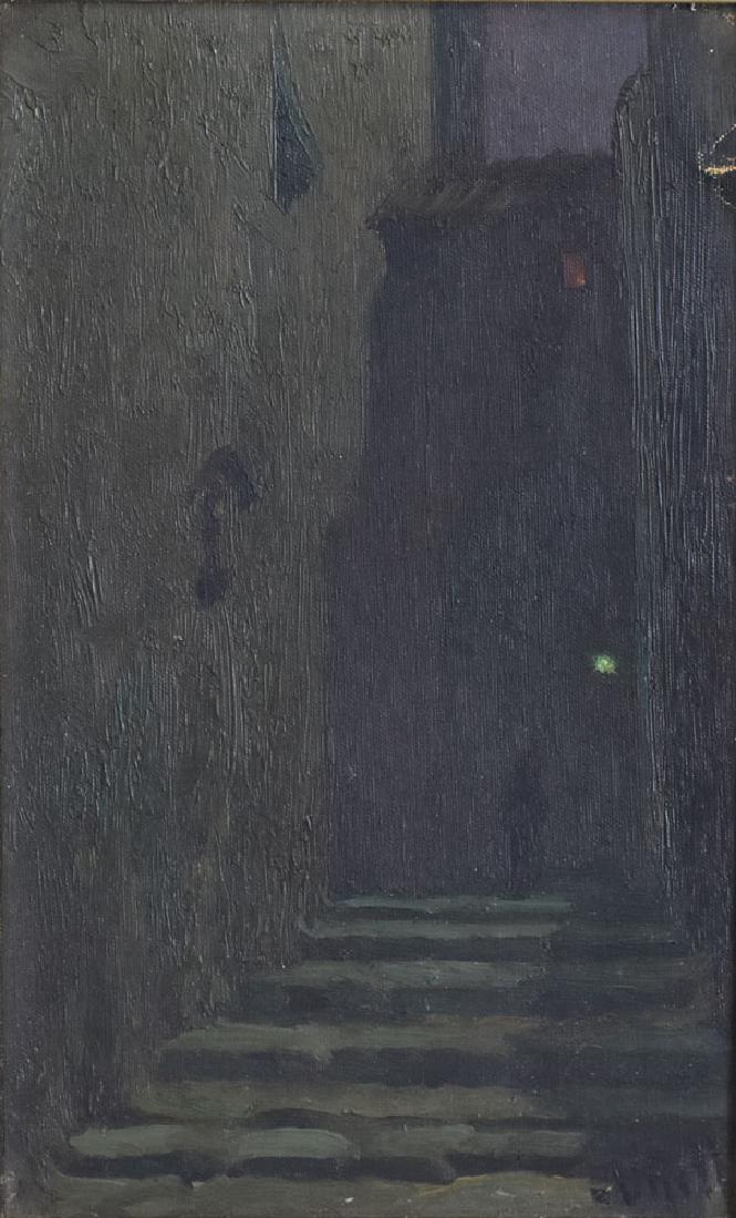 Orientalist School: Nocturnal Algerian Steps 12" x 7 3/4" oil on board signed indistinctly lower right Adolph Newman & Son label verso