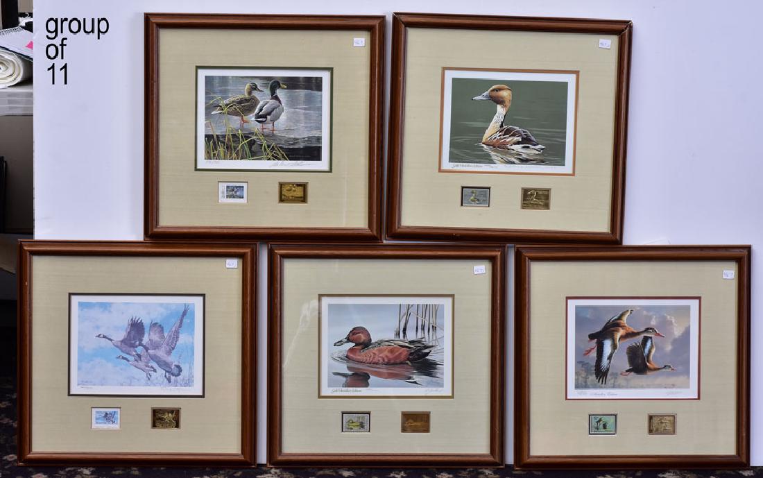 Limited Edition Duck Stamp Prints (11): including by J. F. Lansdowne, Arthur Anderson, William C. Morrisl, Daniel Smith, Neal Anderson, Scholer, James Hautman, Robert Bateman, Mobley, Burton Moore, and McLeon each framed with the stamp and