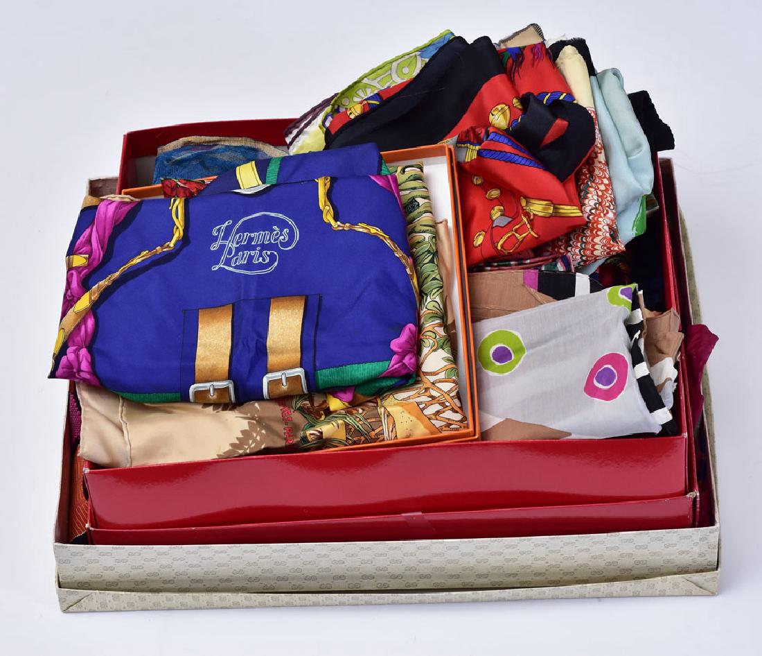 Large Group of Scarves: including Hermes (2), Burberry and Yves St. Laurent together with a belt, flag and Mary McFadden dress and a paisley shawl, 36 pieces