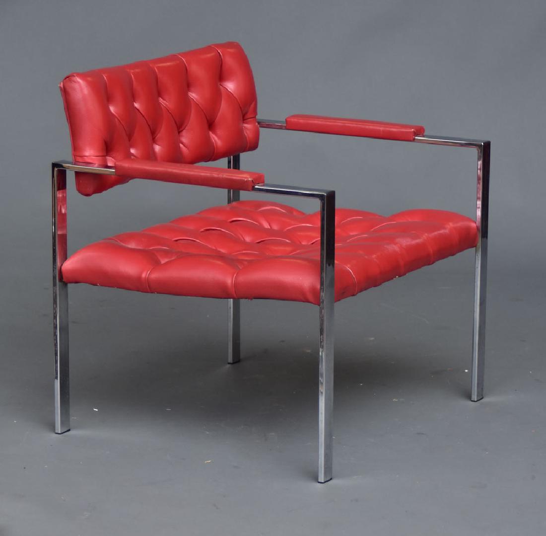 Modern Chrome Arm Chair: after Milo Baughman with red tufted leather seat and back 27 3/4" x 24", 29" high unsigned