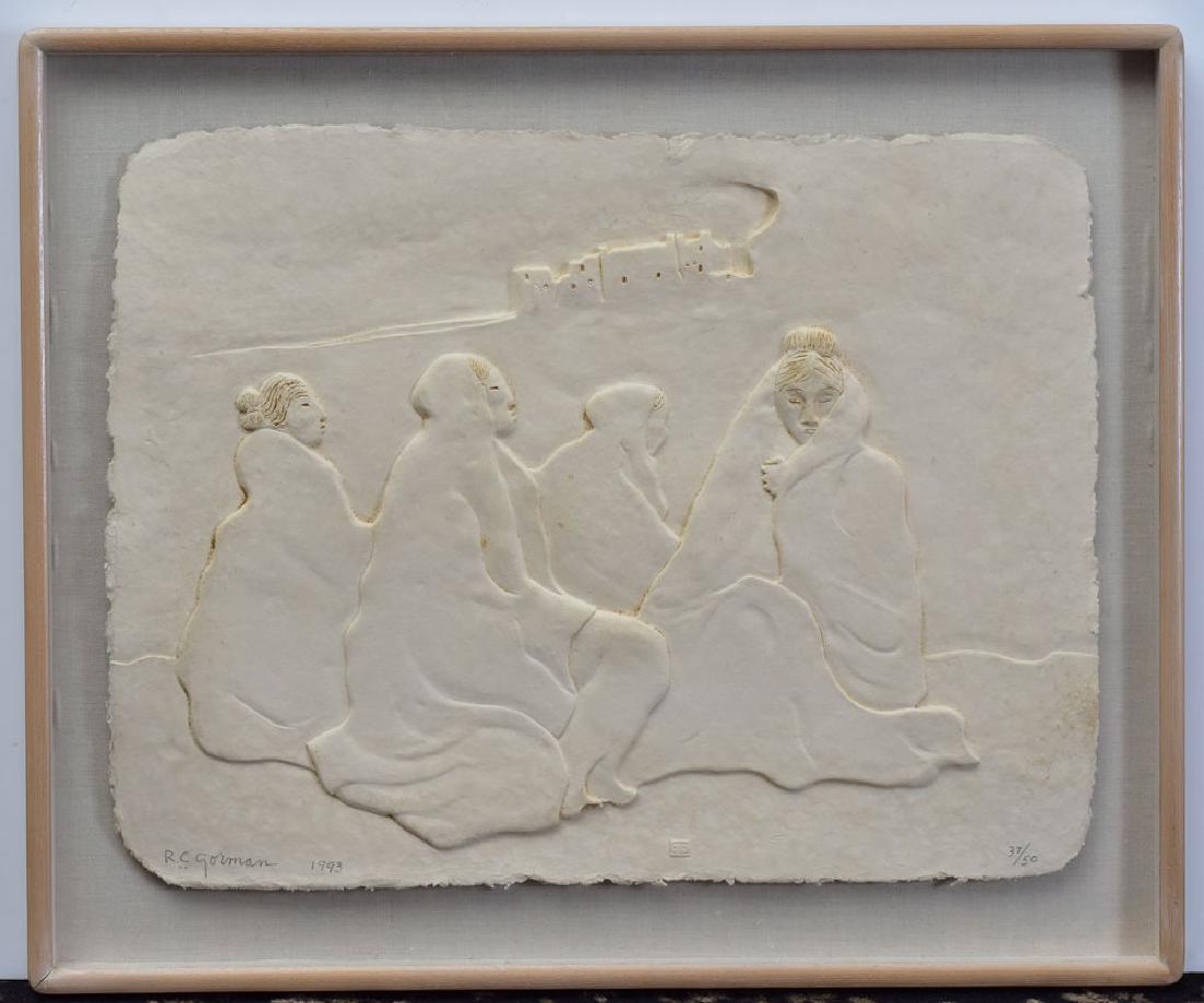 R C Gorman Cast Paper Relief: Four Female Figures 25 1/2" x 32 1/2" signed and dated 1993 lower left from an edition of 50
