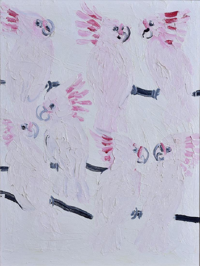 Hunt Slonem: Cockatoos 41" x 31" oil on board signed verso