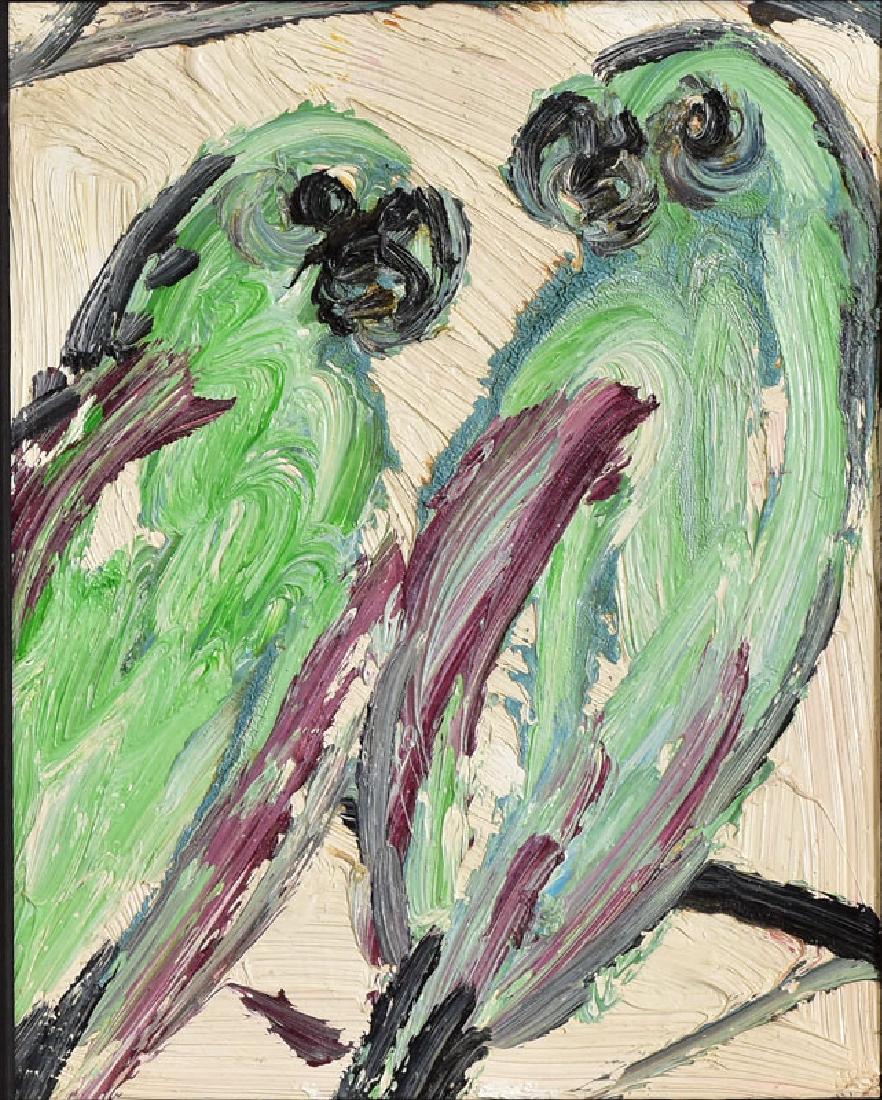 Hunt Slonem: Two Parakeets 10" x 8" oil on board signed and dated 2004 verso (For Jane)