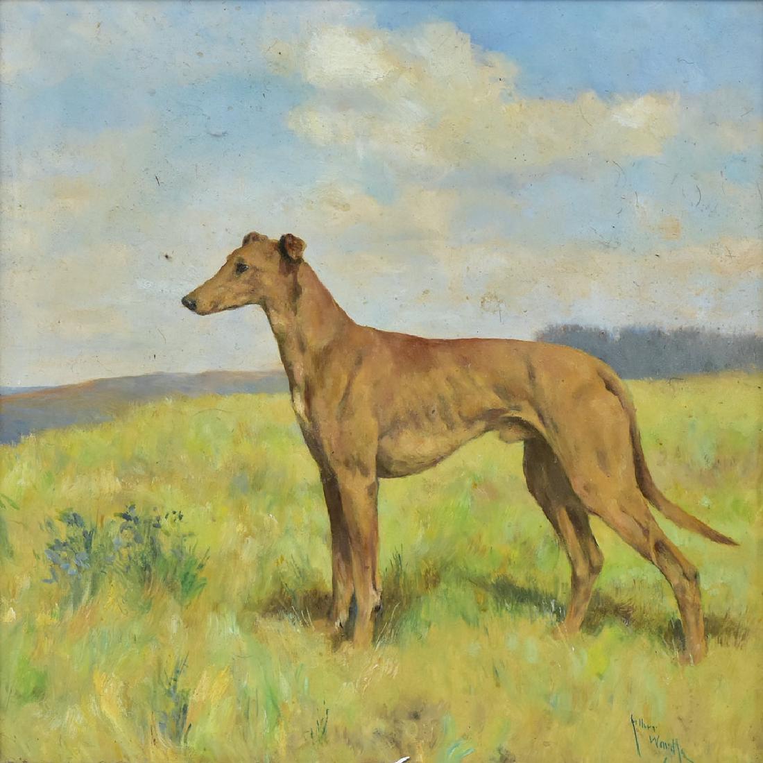 Arthur Wardle: Greyhound 11 3/4" x 11 1/2" oil on board signed lower right