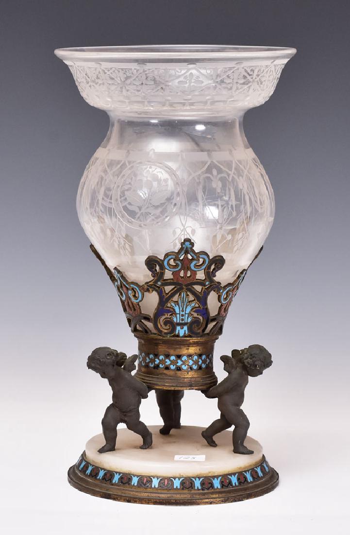 Champleve Enameled Vase: with etched glass and bronze base supported by three putti 12 1/2" high 19th century