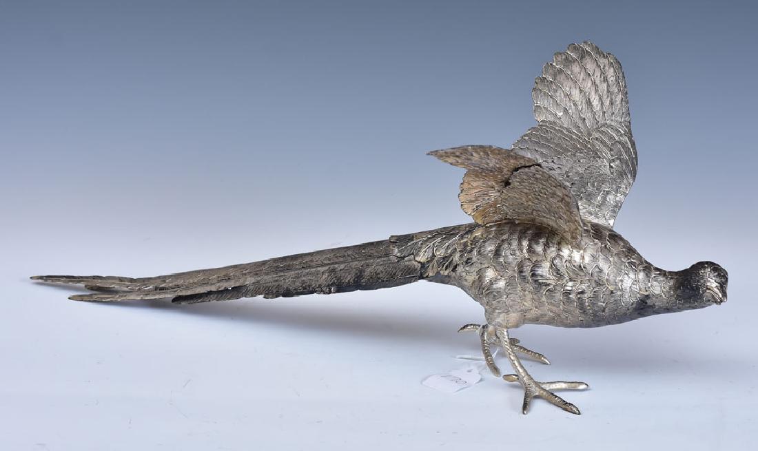 Continental Silver Peacock Table Ornament: 20" long probably .800 silver early 20th century
