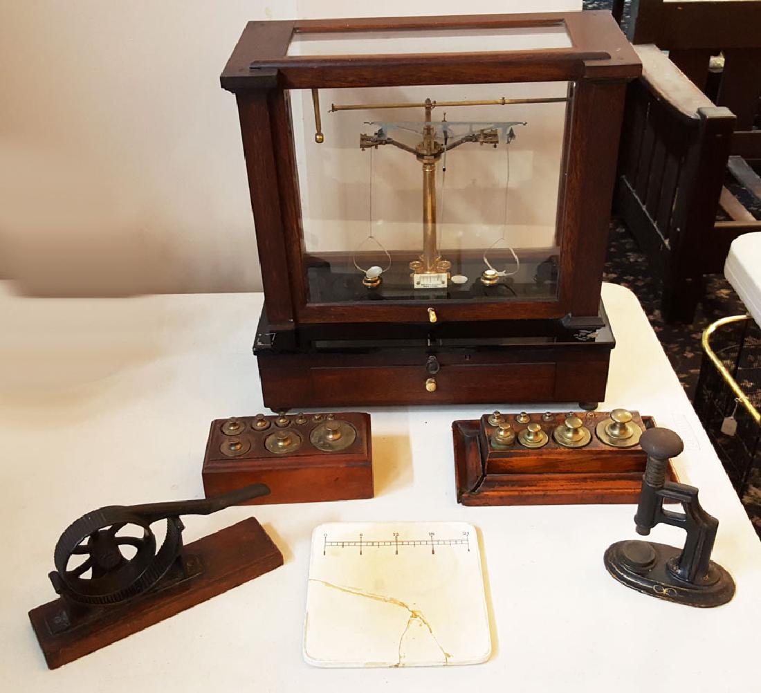 Pharmaceutical Scale: weights, pill roller and Dalton ceramic scale tile late 19th century