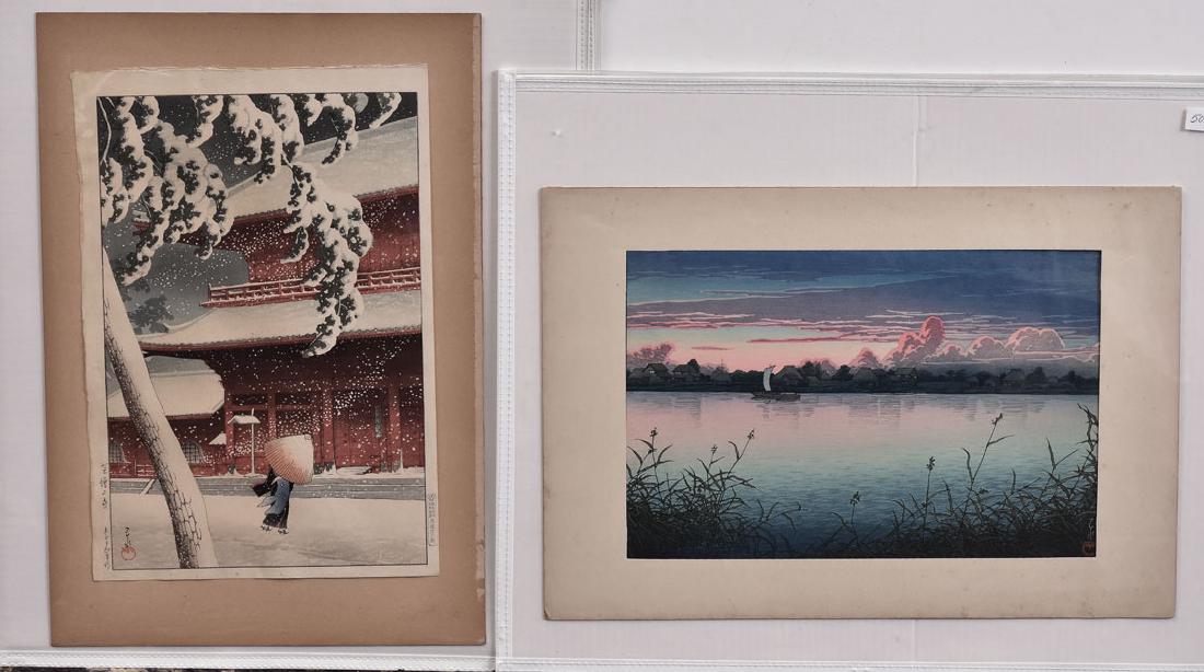 Hasui Kawase Woodblock Prints (3): Snow at Zojoji Temple, Shiba, 15 1/4" x 10 3/8" Road to Nikko, 15 1/4" x 10 1/8" and Lake at Sunset 10 1/4" x 15 1/4"