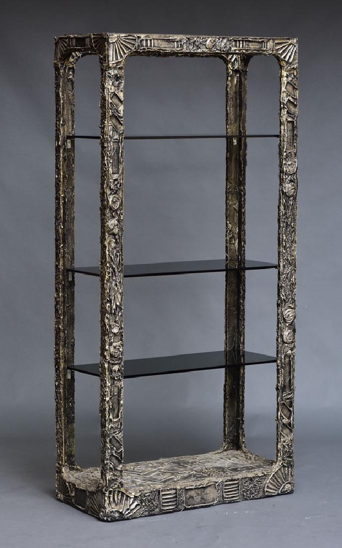 Adrian Pearsall Brutalist Etagere: with three original smoked glass shelves, 37" x 17 1/2" x 76" highcirca 1970