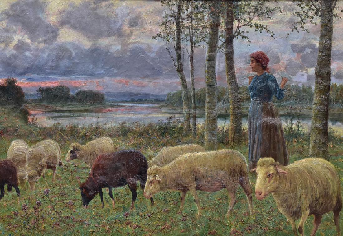 Continental School: The Sheep Herder 27 3/4" x 39" oil on canvas signed "A. Paneral?" lower left