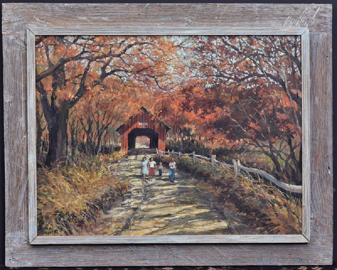 Eric Sloane (1905 - 1985): Covered Bridge with Children 24" x 31 1/2" oil on masonite signed lower left