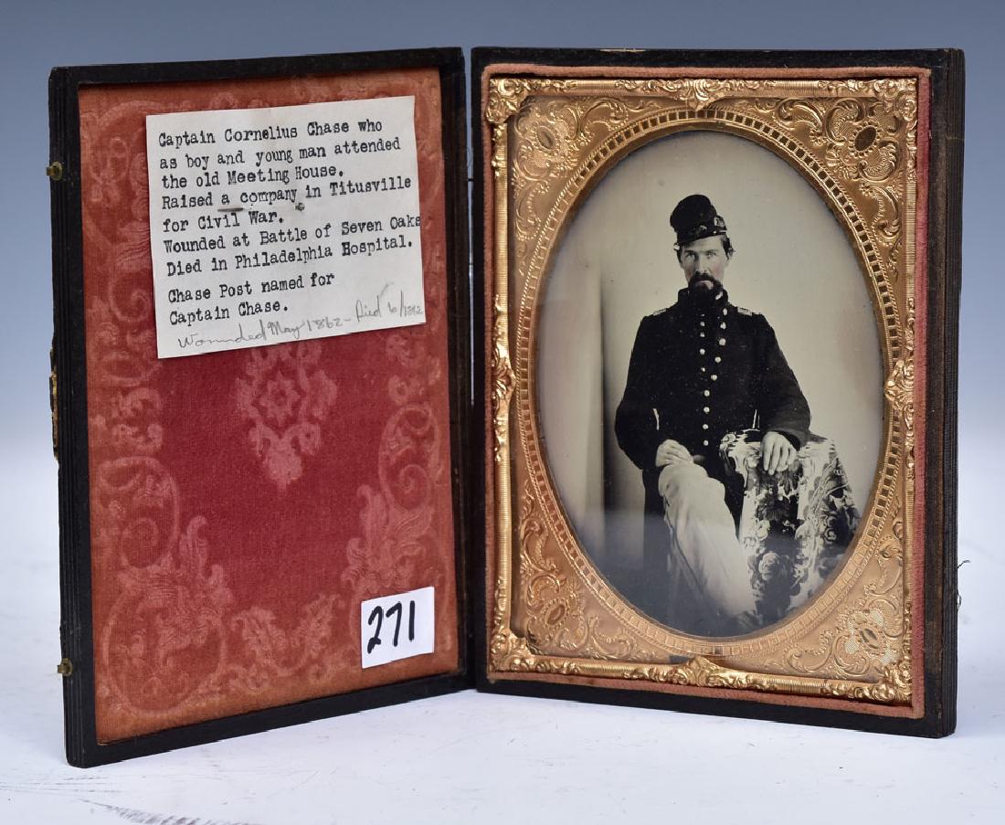 Identified Civil War Half Plate Ambrotype: portrait of a uniformed Captain Cornelius Chase Pennsylvania 57th Regiment Infantry Company K wounded at Battle of Seven Oaks