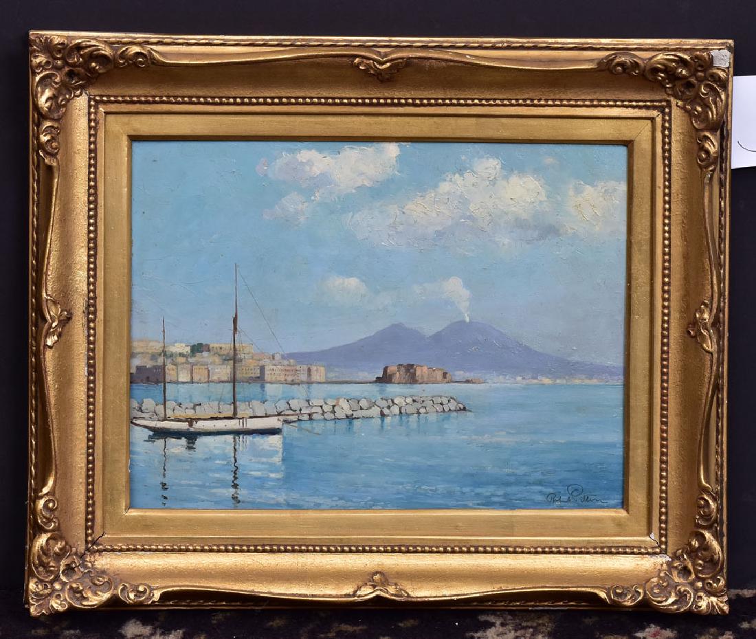 Continental School: Port City with Volcano 12" x 15 1/2" oil on board signed indistinctly "Robert Pitton?"