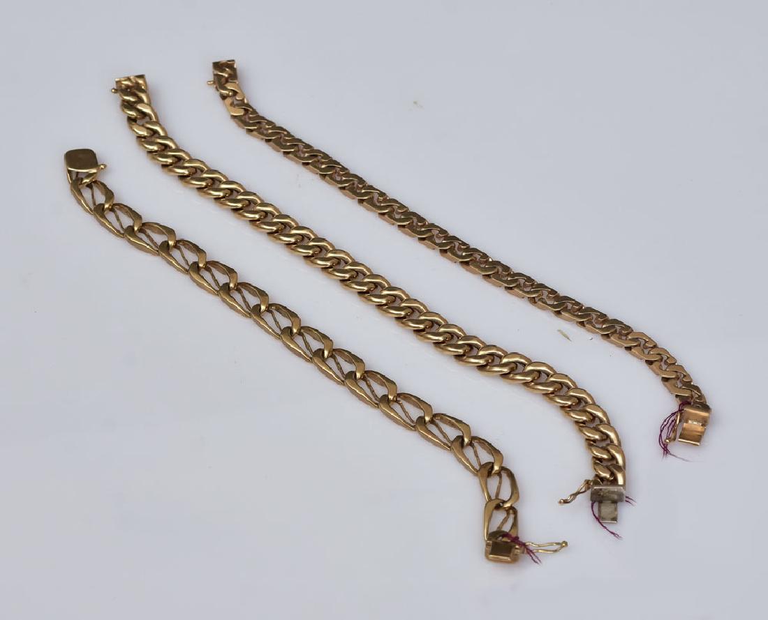 Three 14k Gold Chain Bracelets: 8" and two 7 1/2" long 42.8 dwt
