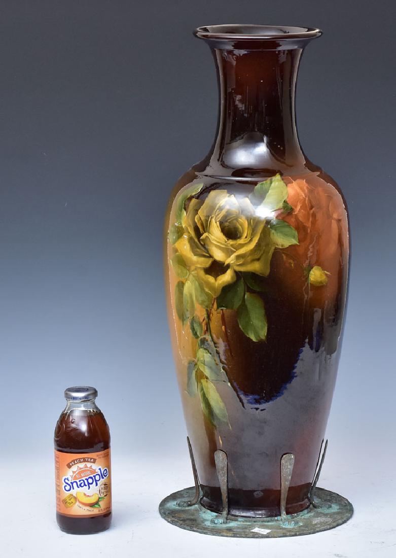 Monumental Standard Glaze Art Pottery Vase: with Tiffany Studios mount 24" high, 9 1/4" diameter signed H. Mitchell pottery maker's mark hidden by base