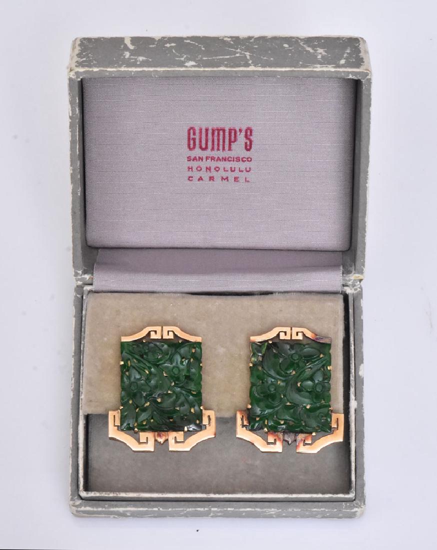 14k Gold Carved Jade Sweater Clips: 1 3/8" long, 13.2 dwt gross with original Gumps box circa 1930