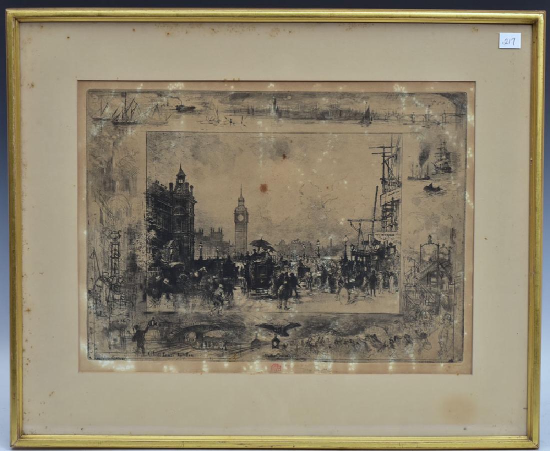 Felix Buhot: Clock Tower London 11 1/4" x 15 1/2" (image) etching stamped and pencil signed bottom margin