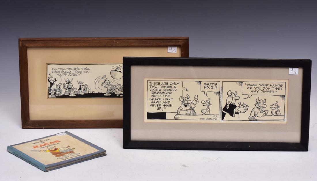 Hagar The Horrible Original Comic Strip Art: Dik Browne 3 1/2" x 11 1/4", published 1-27-1975 3 3/4" x 12 3/4". published 10-4-1979 together with Hagar the Horrible book