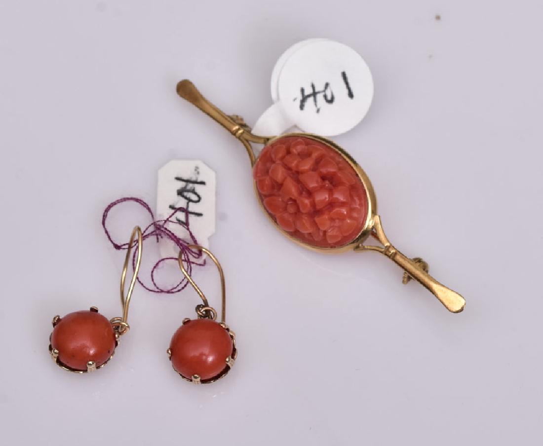 Victorian 18k Gold Coral Brooch: 2 1/2" long together with a pair of 10k coral drop earrings, 1" long