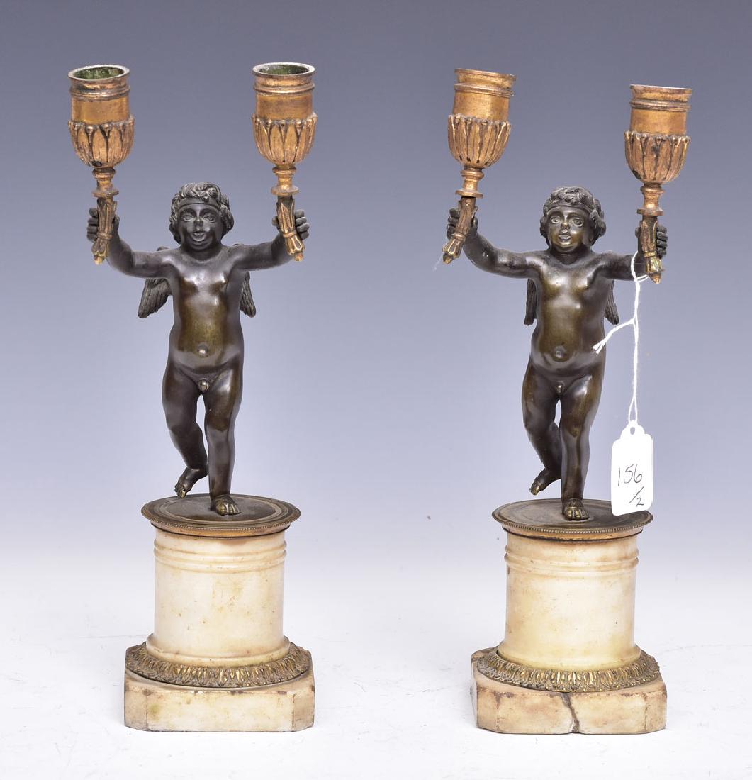 French Empire Figural Candelabra: Bronze Putti on alabaster bases each 12" high late 19th century